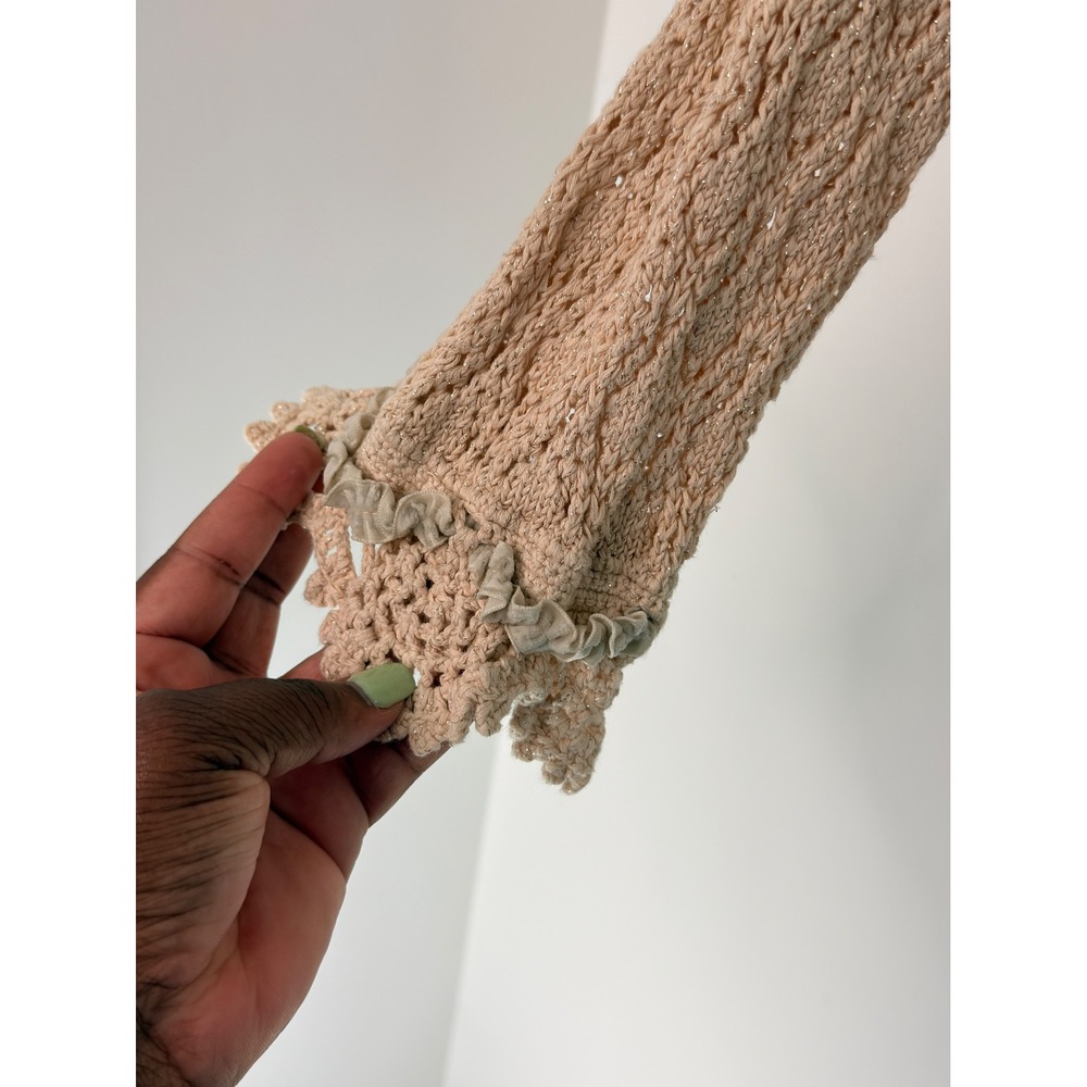 Express Cropped Crochet Cardigan Y2K Tan Metallic Coquette Knit Ruffle Large - Picture 8 of 12